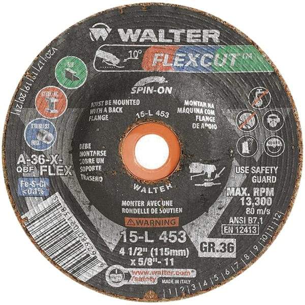 WALTER Surface Technologies - 4-1/2" Diam x 5/8" Hole, 36 Grit Surface Grinding Wheel - Aluminum Oxide, Very Coarse Grade, 13,300 Max RPM - Exact Tool & Supply