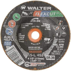WALTER Surface Technologies - 4-1/2" Diam x 5/8" Hole, 36 Grit Surface Grinding Wheel - Aluminum Oxide, Very Coarse Grade, 13,300 Max RPM - Exact Tool & Supply