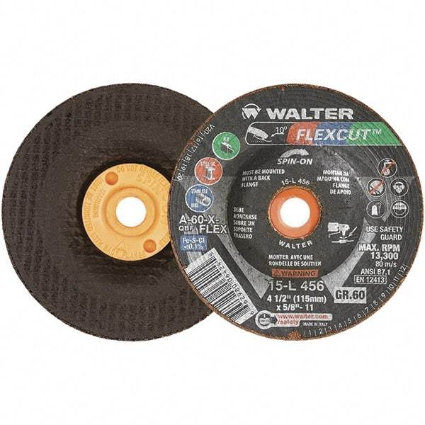 WALTER Surface Technologies - 4-1/2" Diam x 5/8" Hole, 60 Grit Surface Grinding Wheel - Aluminum Oxide, Medium Grade, 13,300 Max RPM - Exact Tool & Supply