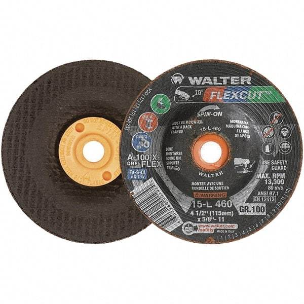 WALTER Surface Technologies - 4-1/2" Diam x 5/8" Hole, 100 Grit Surface Grinding Wheel - Aluminum Oxide, Fine Grade, 13,300 Max RPM - Exact Tool & Supply