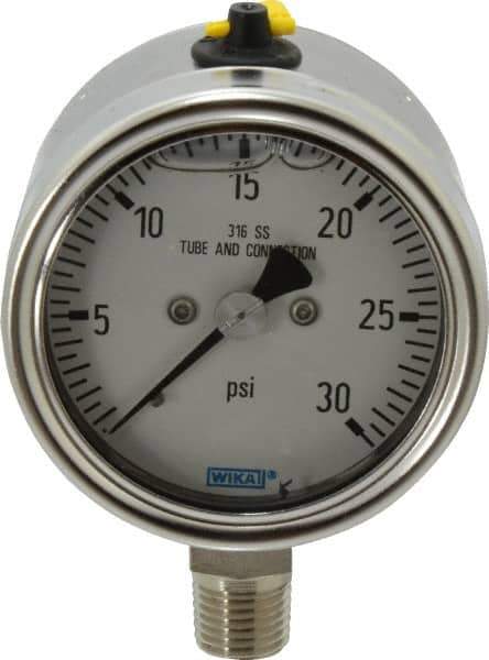 Wika - 2-1/2" Dial, 1/4 Thread, 30 Scale Range, Pressure Gauge - Lower Connection Mount, Accurate to 2-1-2% of Scale - Exact Tool & Supply