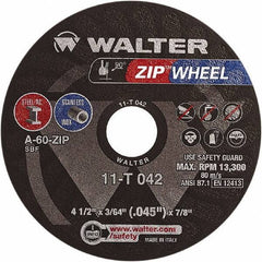 WALTER Surface Technologies - 4-1/2" 60 Grit Aluminum Oxide Cutoff Wheel - 3/64" Thick, 7/8" Arbor, 13,300 Max RPM, Use with Angle Grinders - Exact Tool & Supply