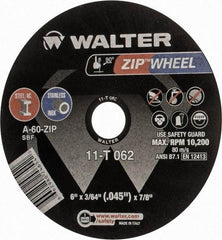 WALTER Surface Technologies - 6" 60 Grit Aluminum Oxide Cutoff Wheel - 3/64" Thick, 7/8" Arbor, 10,200 Max RPM, Use with Angle Grinders - Exact Tool & Supply