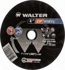 WALTER Surface Technologies - 7" 30 Grit Aluminum Oxide Cutoff Wheel - 1/16" Thick, 7/8" Arbor, 8,600 Max RPM, Use with Angle Grinders - Exact Tool & Supply