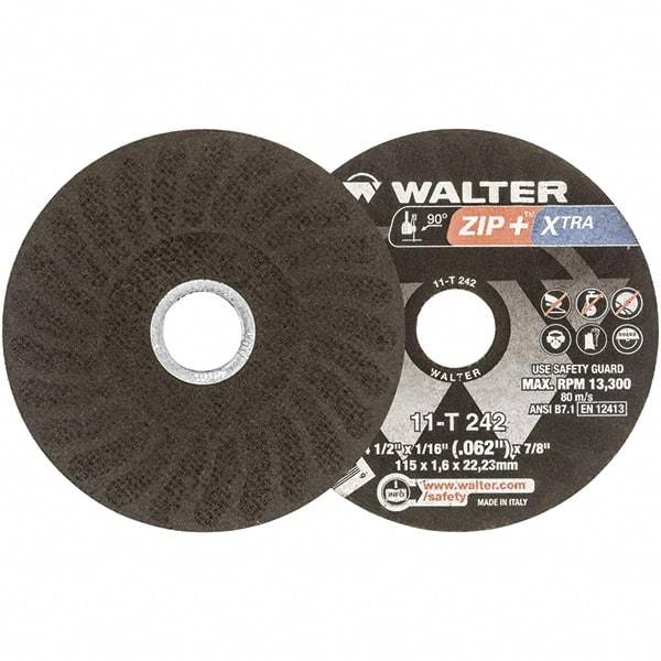 WALTER Surface Technologies - 4-1/2" 46 Grit Aluminum Oxide Cutoff Wheel - 1/16" Thick, 7/8" Arbor, 13,300 Max RPM, Use with Angle Grinders - Exact Tool & Supply