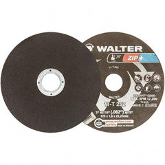 WALTER Surface Technologies - 5" 46 Grit Aluminum Oxide Cutoff Wheel - 1/16" Thick, 7/8" Arbor, 12,200 Max RPM, Use with Angle Grinders - Exact Tool & Supply