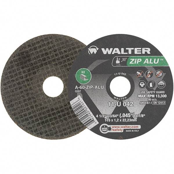 WALTER Surface Technologies - 4-1/2" 60 Grit Aluminum Oxide Cutoff Wheel - 3/64" Thick, 7/8" Arbor, 13,300 Max RPM, Use with Angle Grinders - Exact Tool & Supply
