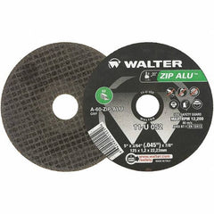 WALTER Surface Technologies - 5" 60 Grit Aluminum Oxide Cutoff Wheel - 3/64" Thick, 7/8" Arbor, 12,200 Max RPM, Use with Angle Grinders - Exact Tool & Supply