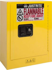 Justrite - 1 Door, 1 Shelf, Yellow Steel Space Saver Safety Cabinet for Flammable and Combustible Liquids - 22" High x 17" Wide x 8" Deep, Manual Closing Door, 2 Gal Capacity - Exact Tool & Supply