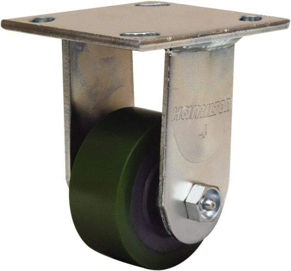 Hamilton - 3-1/4" Diam x 1-1/2" Wide x 5-1/4" OAH Top Plate Mount Rigid Caster - Polyurethane Mold onto Cast Iron Center, 475 Lb Capacity, Straight Roller Bearing, 4 x 4-1/2" Plate - Exact Tool & Supply