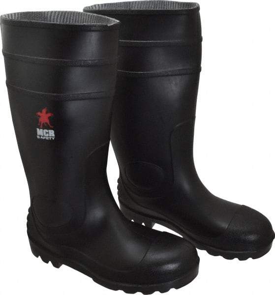 MCR Safety - Men's Size 9 Medium Width Steel Knee Boot - Black, PVC Upper, 16" High, Non-Slip, Waterproof - Exact Tool & Supply