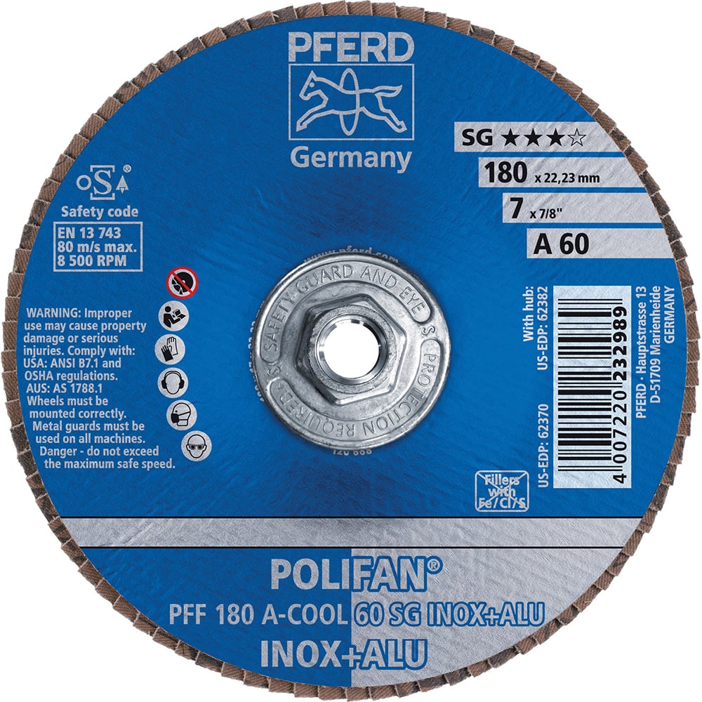 PFERD - Flap Discs; Abrasive Type: Coated ; Flap Disc Type: Type 27 ; Disc Diameter (Inch): 7 ; Abrasive Material: Aluminum Oxide ; Grit: 60 ; Attaching System: Threaded Hole - Exact Tool & Supply