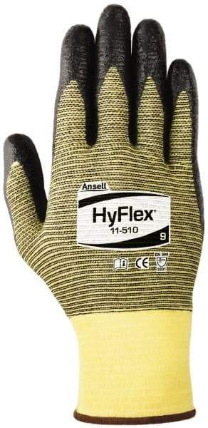 Ansell - Size XS (6), ANSI Cut Lvl 2, Abrasion Lvl 3, Nitrile Coated Cut Resistant Gloves - Palm & Fingers Coated, Kevlar Lining, Knit Wrist, Black/Yellow, Paired - Exact Tool & Supply