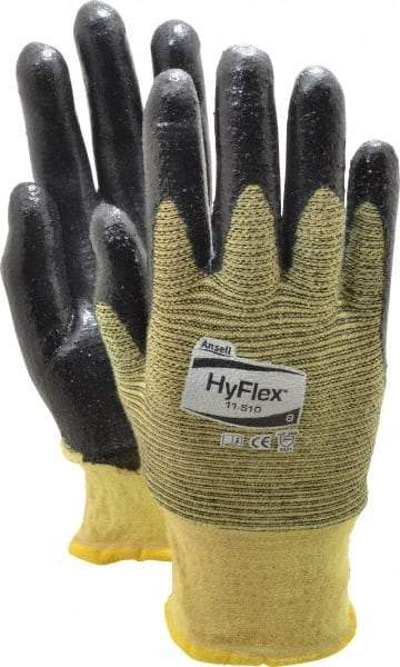 Ansell - Size M (8), ANSI Cut Lvl 2, Abrasion Lvl 3, Nitrile Coated Cut Resistant Gloves - Palm & Fingers Coated, Kevlar Lining, Knit Wrist, Black/Yellow, Paired - Exact Tool & Supply