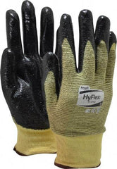 Ansell - Size L (9), ANSI Cut Lvl 2, Abrasion Lvl 3, Nitrile Coated Cut Resistant Gloves - Palm & Fingers Coated, Kevlar Lining, Knit Wrist, Black/Yellow, Paired - Exact Tool & Supply