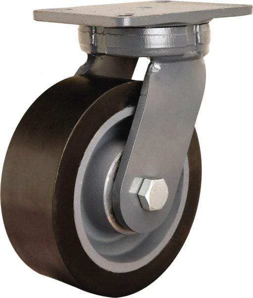 Hamilton - 8" Diam x 3" Wide x 10-1/2" OAH Top Plate Mount Swivel Caster - Polyurethane Mold on Forged Steel, 4,500 Lb Capacity, Tapered Roller Bearing, 5-1/4 x 7-1/4" Plate - Exact Tool & Supply