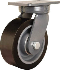 Hamilton - 8" Diam x 3" Wide x 10-1/2" OAH Top Plate Mount Swivel Caster - Polyurethane Mold on Forged Steel, 4,500 Lb Capacity, Tapered Roller Bearing, 5-1/4 x 7-1/4" Plate - Exact Tool & Supply