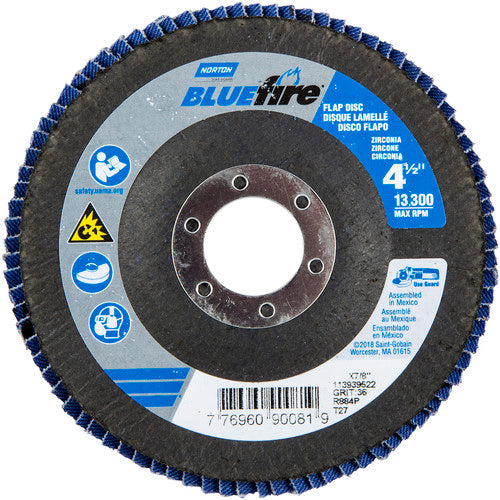‎4-1/2 × 7/8″ BlueFire Fiberglass HD Flat Flap Disc Type 27 P36 Grit R884P1 Zirconia Alumina - Exact Tool & Supply