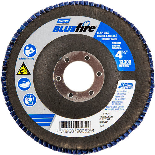 ‎4-1/2 × 7/8″ BlueFire Fiberglass HD Flat Flap Disc Type 27 P40 Grit R884P1 Zirconia Alumina - Exact Tool & Supply