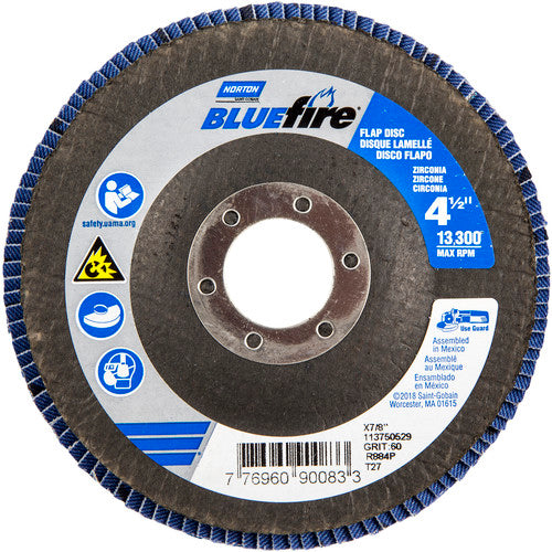 ‎4-1/2 × 7/8″ BlueFire Fiberglass HD Flat Flap Disc Type 27 P60 Grit R884P1 Zirconia Alumina - Exact Tool & Supply