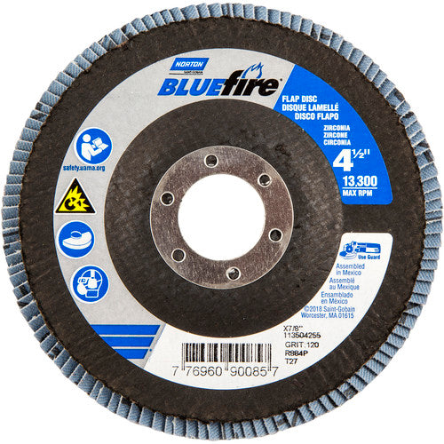 ‎4-1/2 × 7/8″ BlueFire Fiberglass HD Flat Flap Disc Type 27 P120 Grit R884P2 Zirconia Alumina - Exact Tool & Supply