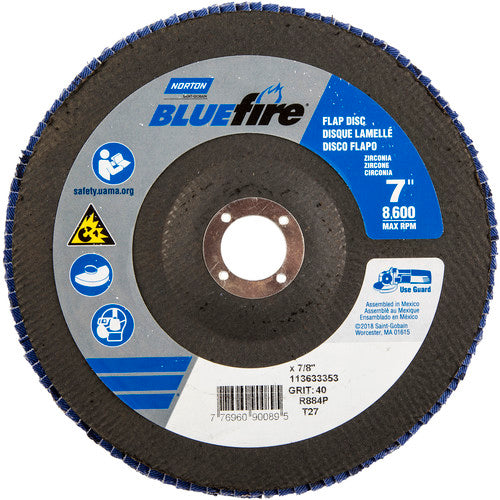 7 × 7/8″ BlueFire Fiberglass HD Flat Flap Disc Type 27 P40 Grit R884P1 Zirconia Alumina - Exact Tool & Supply