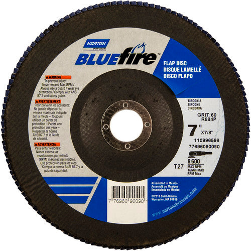 7 × 7/8″ BlueFire Fiberglass HD Flat Flap Disc Type 27 P60 Grit R884P1 Zirconia Alumina - Exact Tool & Supply