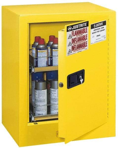 Justrite - 1 Door, 2 Shelf, Yellow Steel Bench Top Safety Cabinet for Flammable and Combustible Liquids - 27" High x 21" Wide x 18" Deep, Manual Closing Door, 4 Gal Capacity - Exact Tool & Supply