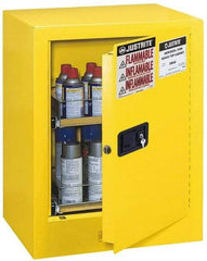 Justrite - 1 Door, 2 Shelf, Yellow Steel Bench Top Safety Cabinet for Flammable and Combustible Liquids - 27" High x 21" Wide x 18" Deep, Manual Closing Door, 4 Gal Capacity - Exact Tool & Supply