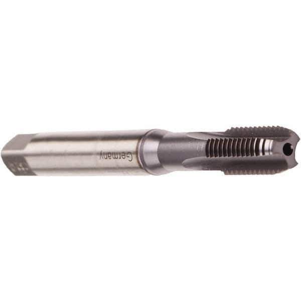 Emuge - M10x1.50 Metric Coarse 6HX 4 Flute TiCN Finish Cobalt Straight Flute Machine Tap - Bottoming, Right Hand Thread, 100mm OAL, 22mm Thread Length, Oversize, Through Coolant - Exact Tool & Supply