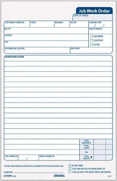 TOPS - 50 Sheet, 5-1/2 x 8-1/2", Work Order Pad - White - Exact Tool & Supply
