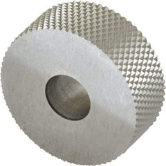 Made in USA - 1" Diam, 90° Tooth Angle, 25 TPI, Standard (Shape), Form Type High Speed Steel Male Diamond Knurl Wheel - 3/8" Face Width, 5/16" Hole, Circular Pitch, 30° Helix, Bright Finish, Series OU - Exact Tool & Supply