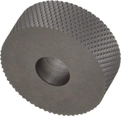 Made in USA - 1" Diam, 90° Tooth Angle, 25 TPI, Standard (Shape), Form Type High Speed Steel Female Diamond Knurl Wheel - 3/8" Face Width, 5/16" Hole, Circular Pitch, 30° Helix, Bright Finish, Series OU - Exact Tool & Supply