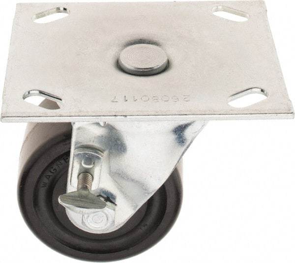 E.R. Wagner - 3" Diam x 1-3/4" Wide x 3-7/8" OAH Top Plate Mount Swivel Caster with Brake - Phenolic, 500 Lb Capacity, Roller Bearing, 3-3/4 x 4-5/8" Plate - Exact Tool & Supply