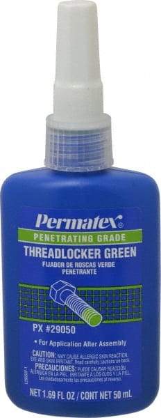 Permatex - 50 mL Bottle, Green, Liquid Medium Strength Threadlocker - Series 290, 24 hr Full Cure Time, Hand Tool, Heat Removal - Exact Tool & Supply