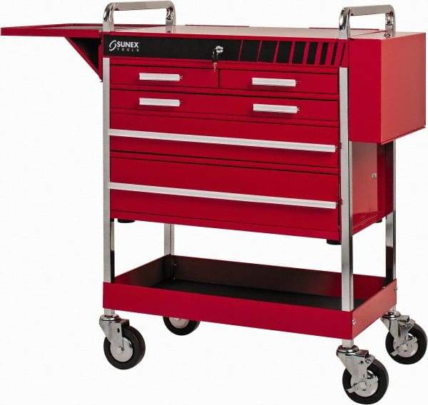 Sunex Tools - 18-1/4" Wide x 40" High x 27" Deep, 5 Drawer Tool Cart - 500 Lb Capacity, Red - Exact Tool & Supply
