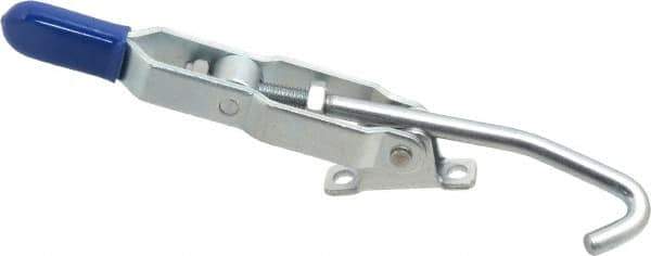 Gibraltar - 375 Lb Capacity, Horizontal, J Hook, Right Flanged Base, Carbon Steel Pull Action Latch Clamp - 4" Drawing Movement, 8.82" OAL, Thumb Handle - Exact Tool & Supply
