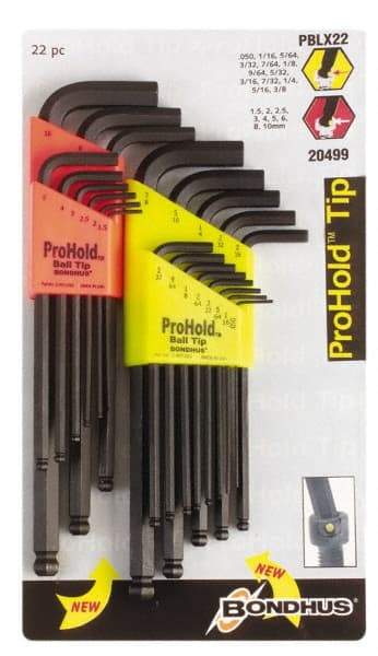 Bondhus - 22 Piece L-Key Handle Combo Hex Key Set - Hex Range 1/2 to 3/8" - Exact Tool & Supply