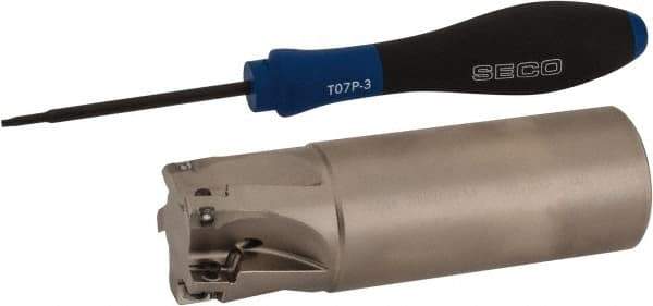 Seco - 1-1/4" Cut Diam, 0.354" Max Depth of Cut, 1-1/4" Shank Diam, 4" OAL, Indexable Square Shoulder End Mill - XO.X 10T3.. Inserts, Weldon Shank, 90° Lead Angle, Through Coolant, Series Turbo 10 - Exact Tool & Supply