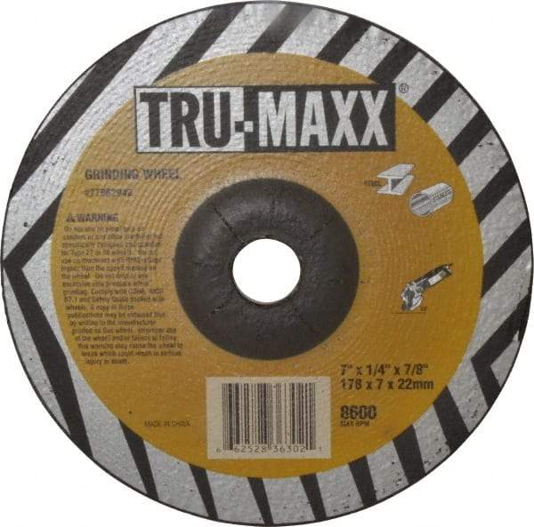 Tru-Maxx - 24 Grit, 7" Wheel Diam, 1/4" Wheel Thickness, 7/8" Arbor Hole, Type 27 Depressed Center Wheel - Aluminum Oxide, 8,600 Max RPM, Compatible with Angle Grinder - Exact Tool & Supply