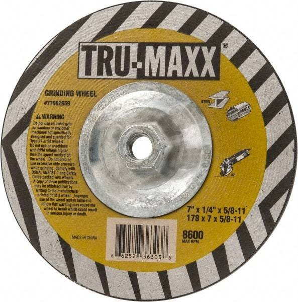 Tru-Maxx - 7" Wheel Diam, 1/4" Wheel Thickness, Type 27 Depressed Center Wheel - Aluminum Oxide, 8,600 Max RPM, Compatible with Angle Grinder - Exact Tool & Supply