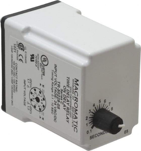 Macromatic - 8 Pin, Multiple Range DPDT Time Delay Relay - 10 Contact Amp, 24 VAC/VDC, Knob - Exact Tool & Supply
