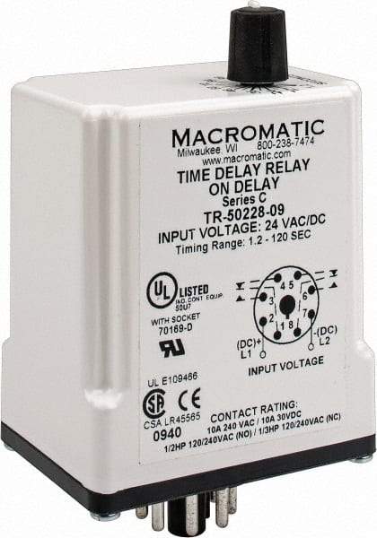 Macromatic - 8 Pin, Multiple Range DPDT Time Delay Relay - 10 Contact Amp, 24 VAC/VDC, Knob - Exact Tool & Supply