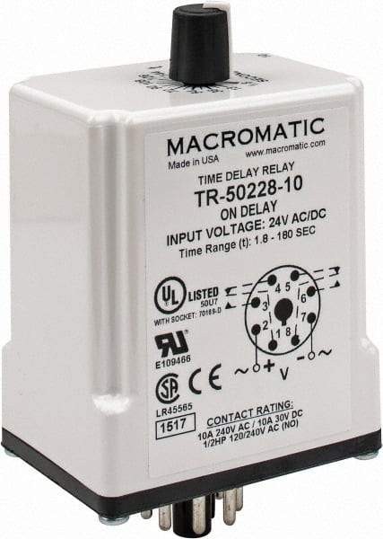 Macromatic - 8 Pin, Multiple Range DPDT Time Delay Relay - 10 Contact Amp, 24 VAC/VDC, Knob - Exact Tool & Supply