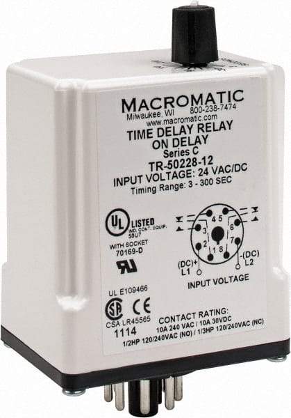 Macromatic - 8 Pin, Multiple Range DPDT Time Delay Relay - 10 Contact Amp, 24 VAC/VDC, Knob - Exact Tool & Supply