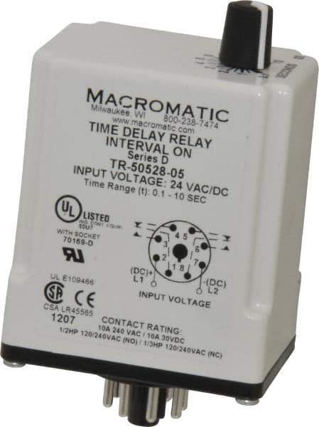 Macromatic - 8 Pin, Multiple Range DPDT Time Delay Relay - 10 Contact Amp, 24 VAC/VDC, Knob - Exact Tool & Supply