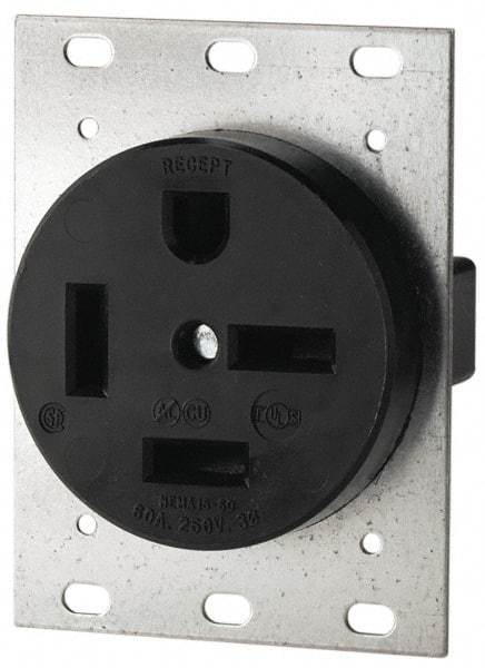 Cooper Wiring Devices - 250 VAC, 60 Amp, 15-60R NEMA Configuration, Black, Industrial Grade, Self Grounding Single Receptacle - 1 Phase, 3 Poles, 4 Wire, Flush Mount - Exact Tool & Supply