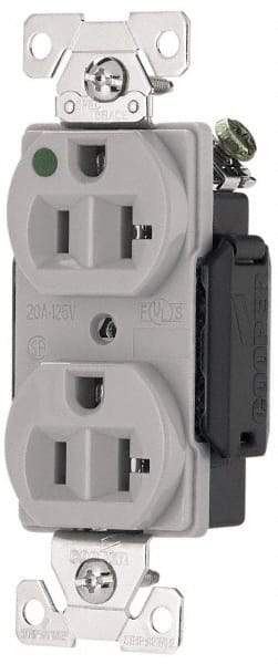 Cooper Wiring Devices - 125 VAC, 15 Amp, 5-15R NEMA Configuration, Gray, Hospital Grade, Self Grounding Duplex Receptacle - 1 Phase, 2 Poles, 3 Wire, Flush Mount, Antimicrobial, Chemical and Impact Resistant - Exact Tool & Supply