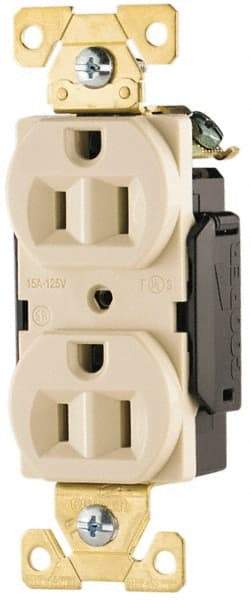 Cooper Wiring Devices - 125 VAC, 15 Amp, 5-15R NEMA Configuration, Ivory, Industrial Grade, Self Grounding Duplex Receptacle - 1 Phase, 2 Poles, 3 Wire, Flush Mount, Antimicrobial, Chemical and Impact Resistant - Exact Tool & Supply