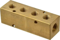 Made in USA - 3/8" Inlet, 1/4" Outlet Manifold - 3.88" Long x 1-1/4" Wide x 1-1/4" High, 0.2" Mount Hole, 2 Inlet Ports, 4 Outlet Ports - Exact Tool & Supply
